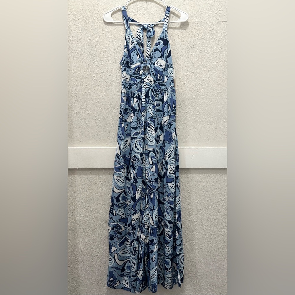Sincerely Jules Blue Multi Halter Neck Keyhole Wide Leg Jumpsuit NWT XS